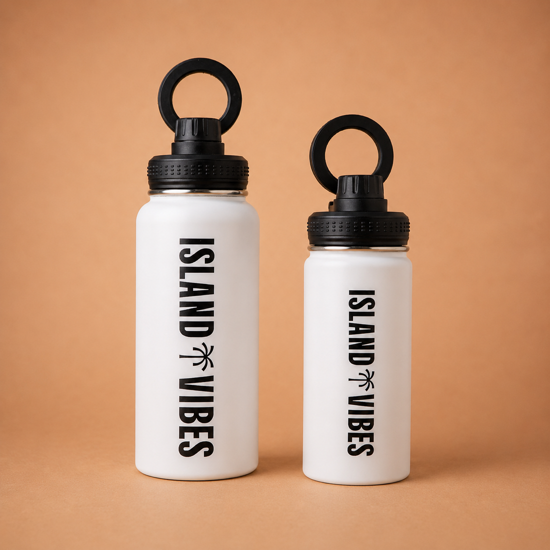 Island Vibes Tri-Bot white tripod water bottle with phone stand