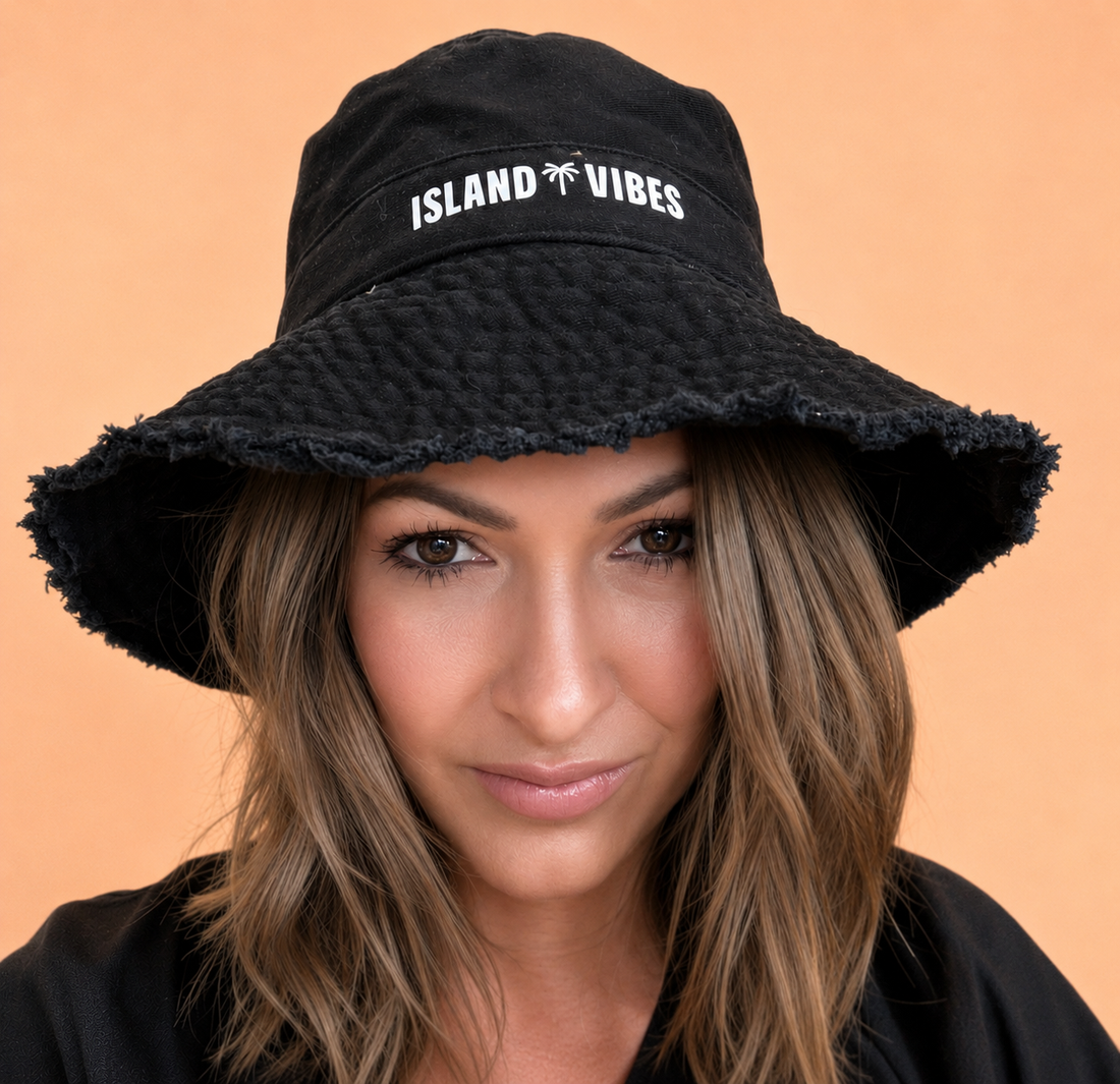 Island Vibes black bucket hat UV protection adjustable